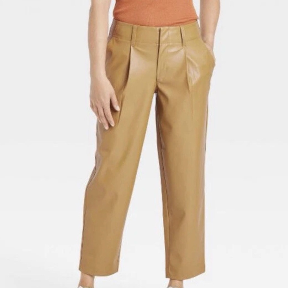 A NEW DAY High-Waisted Faux Leather Ankle Light Brown Pants Pleats Sz 6